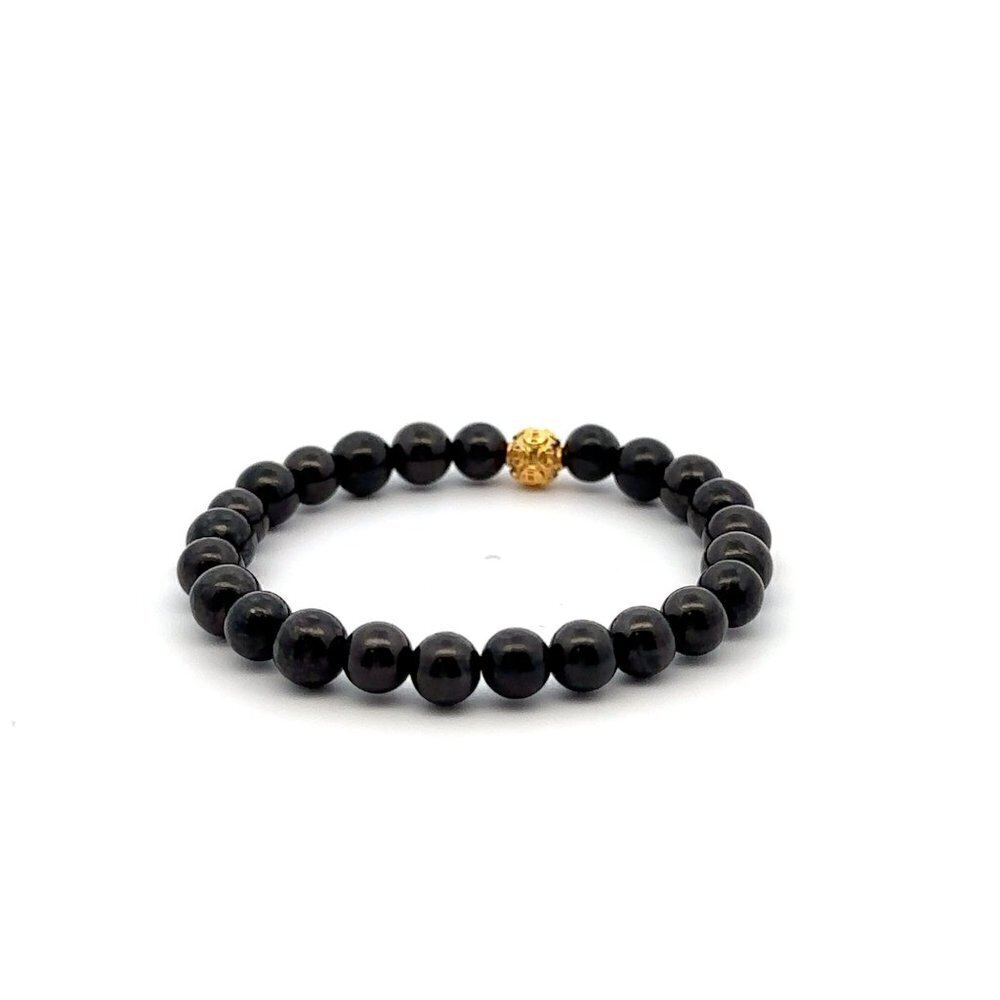 18K Gold Coin Ball Lucky Charm Bracelet Gemstones Natural Shungite 6mm - Picture 3 of 5